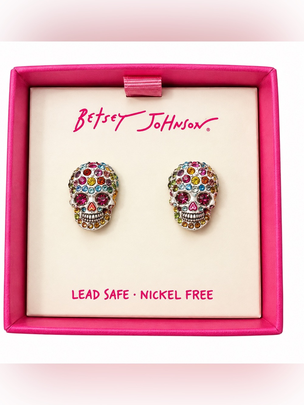 Betsey Johnson Multicolor Rhinestone Sugar Skull Stud Earrings NIB